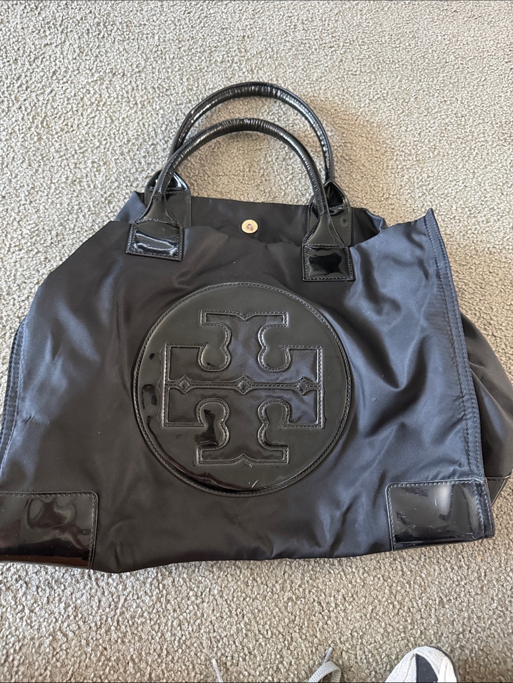 Tory Burch Black Nylon Tote with Patent Logo